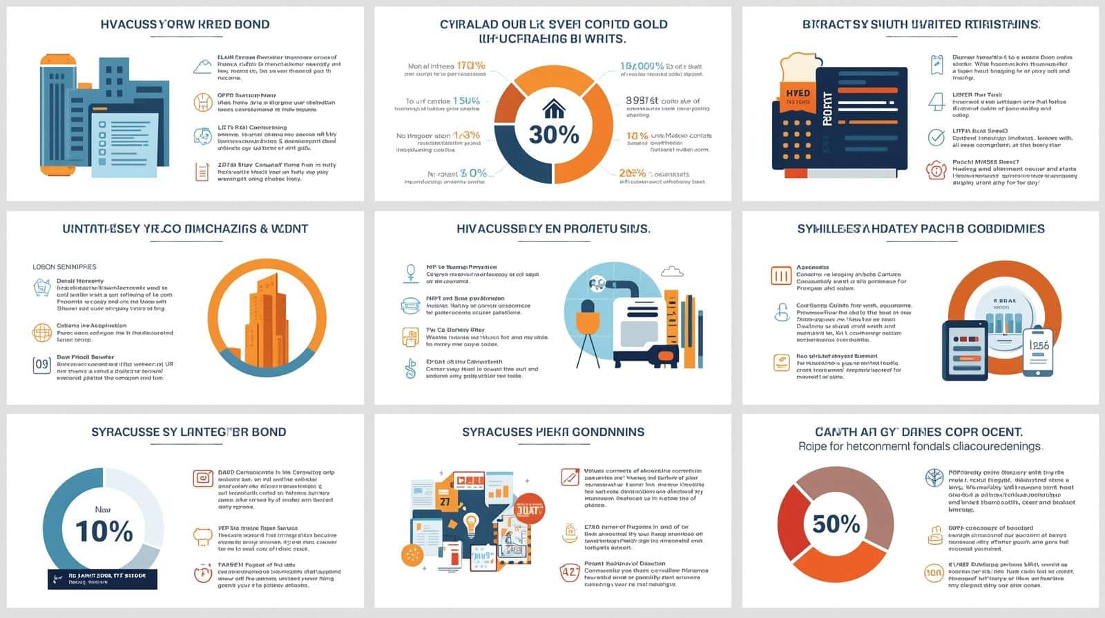 Nine-panel grid layout displaying various Syracuse bond-related information including HVAC contractor bonds, project statistics, pie charts showing percentages like 30% and 10%, and contractor certification details.