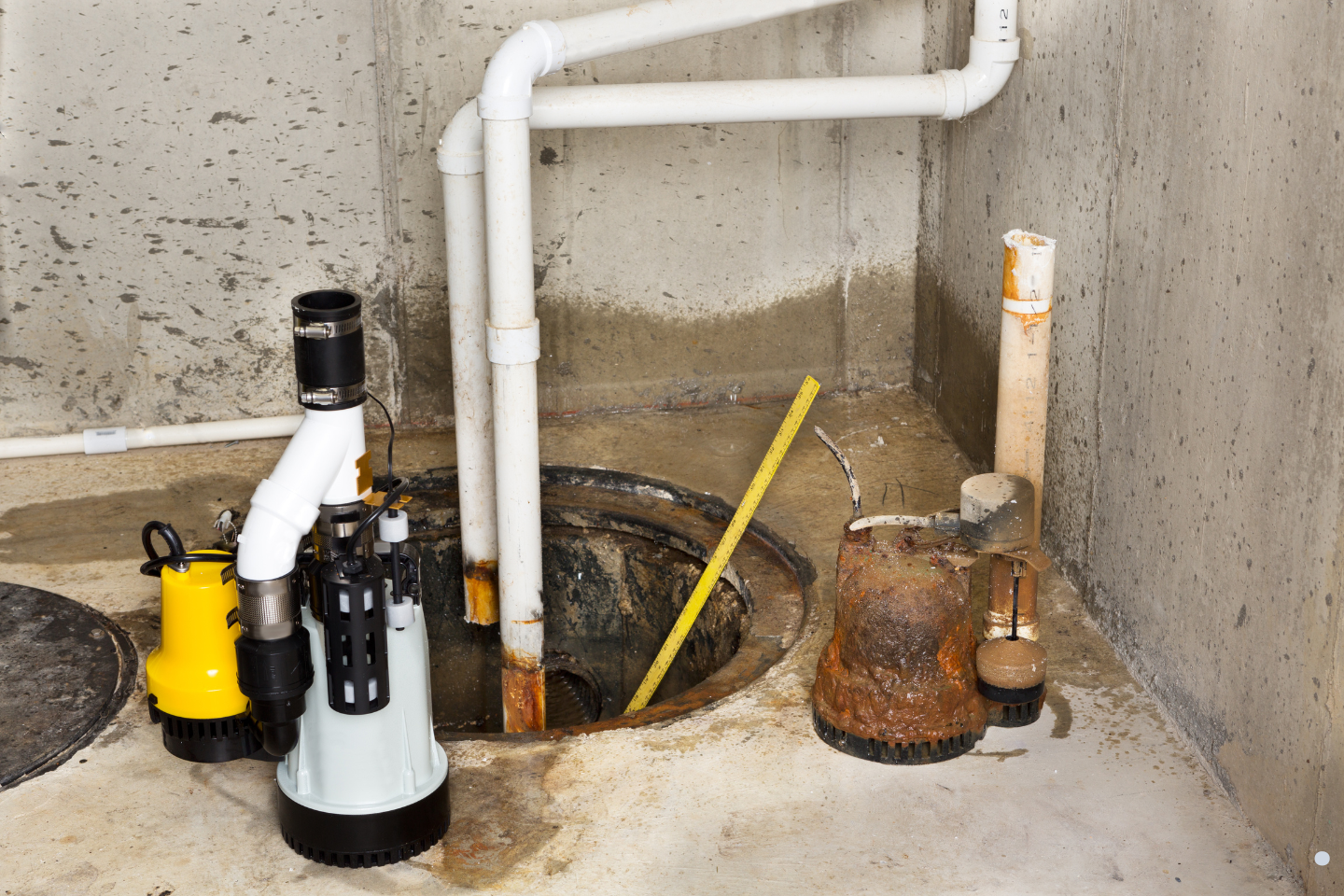 Sump pumps and drainage piping installed inside a basement sump pit to prevent water accumulation.