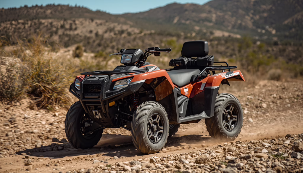 ATV driving through rugged desert trail with off-road tires designed for all-terrain vehicle safety training and outdoor recreation