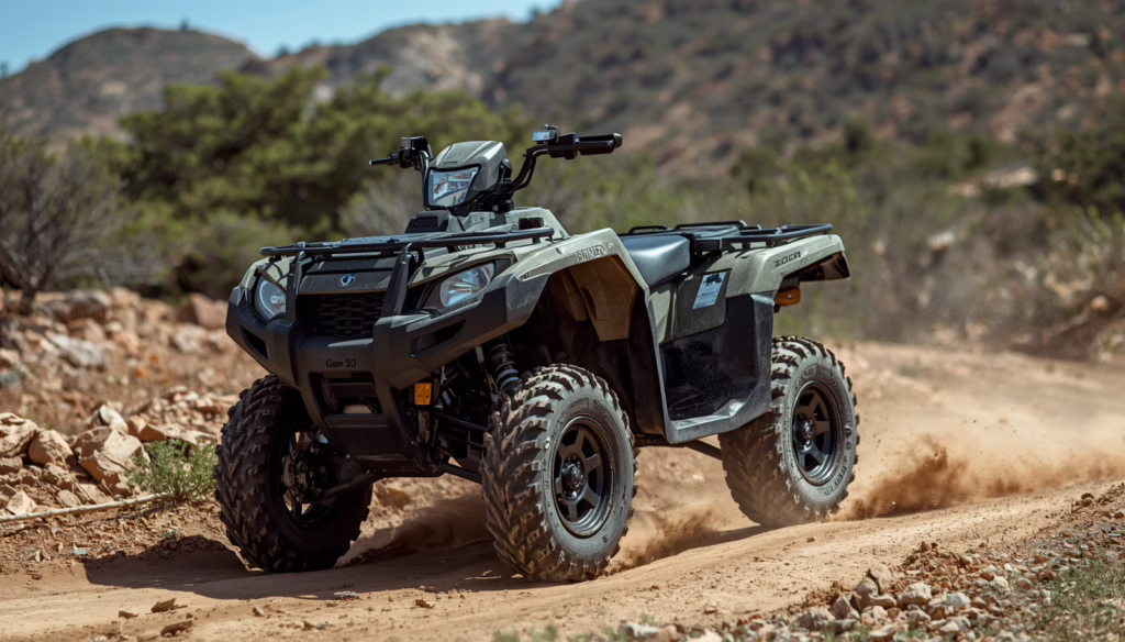 All-terrain vehicle navigating dusty mountain terrain during off-road safety instruction and ATV rider education program