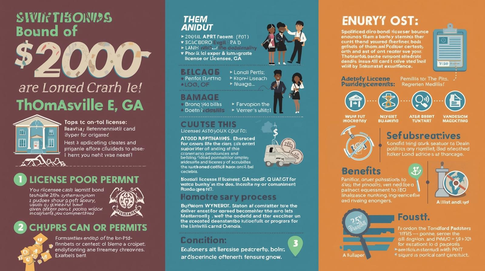 Visual breakdown of the $2000 Thomasville, GA License/Permit Bond, including eligibility, conditions, and benefits.