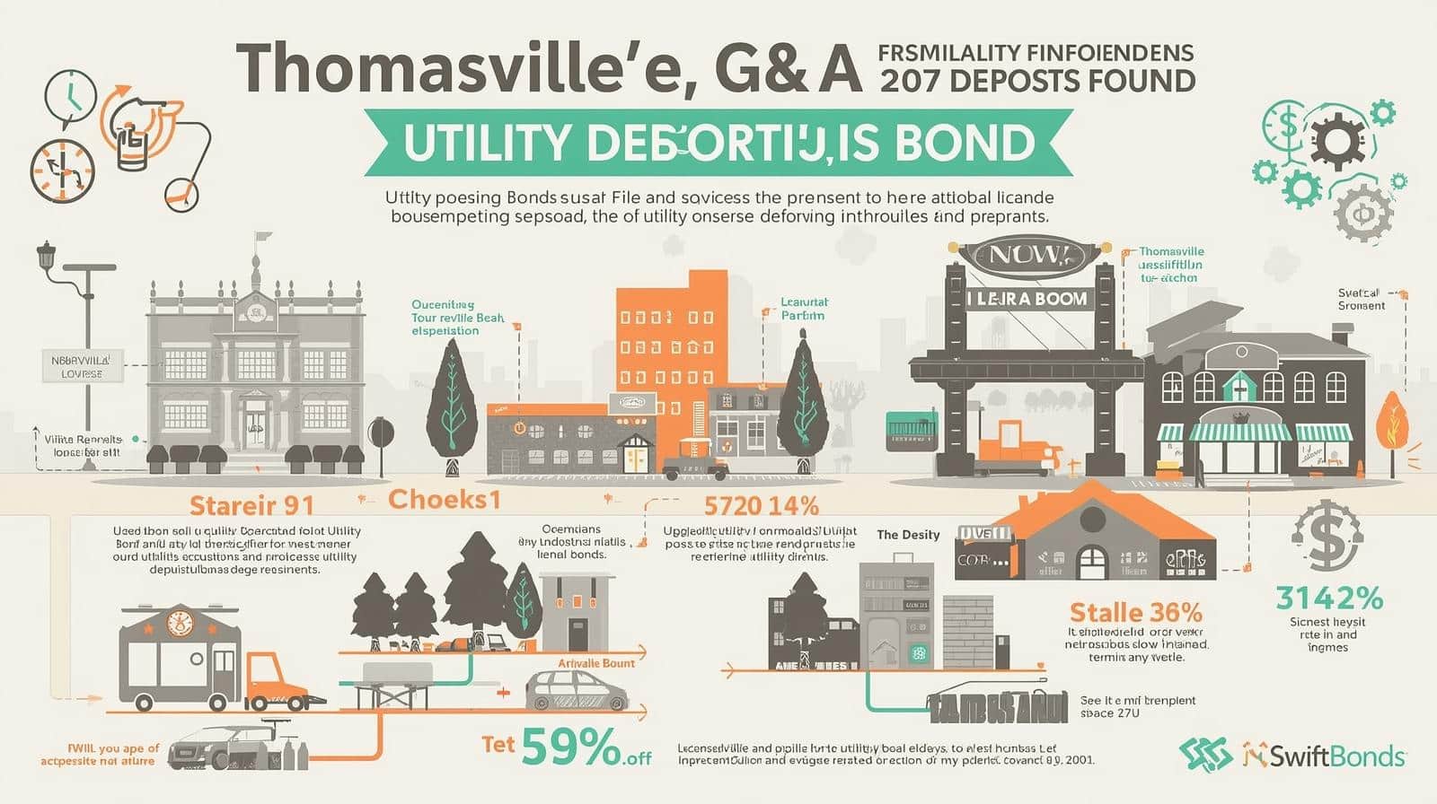 Visual guide showing Thomasville’s utility deposit bond process with buildings, charts, and bond savings details.