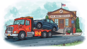 Tow truck transporting a vehicle outside a bail bond services building, illustrating tow wrecker bailment bond compliance in Jacksonville, Florida.