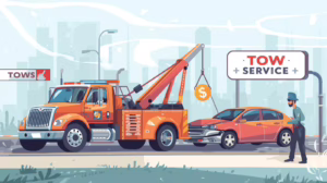 Tow truck removing a damaged vehicle at a tow service site, representing financial protection provided by the Jacksonville Tow Wrecker Bailment Bond.