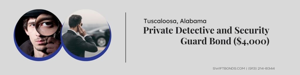 Tuscaloosa, AL-Private Detective and Security Guard Bond ($4,000) - The banner shows a private detective watching through a magnifying glass and a security guard standing and listening with his security earpiece.