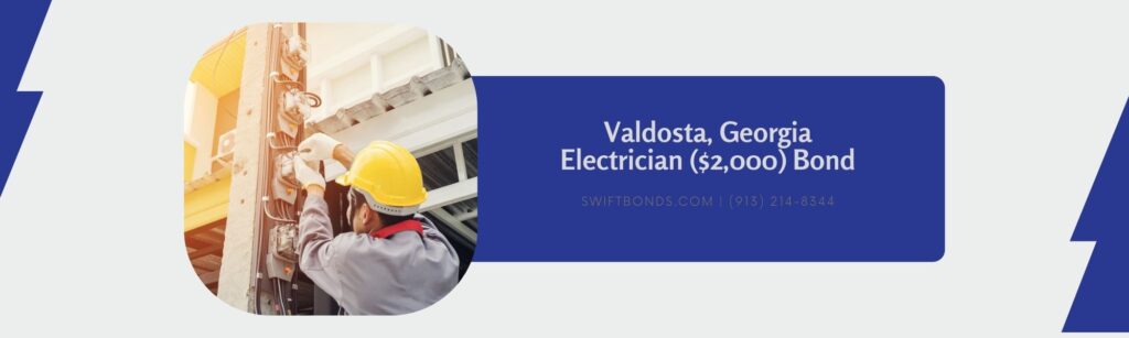 Valdosta, Georgia - Electrician ($2,000) Bond - Electrician in a gray uniform wears gloves and a helment installing a power meter on an electricity pole.