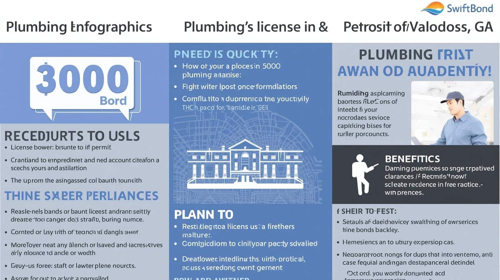 Blue-themed infographic on Valdosta plumbing bonds outlining requirements, benefits, and licensing process.