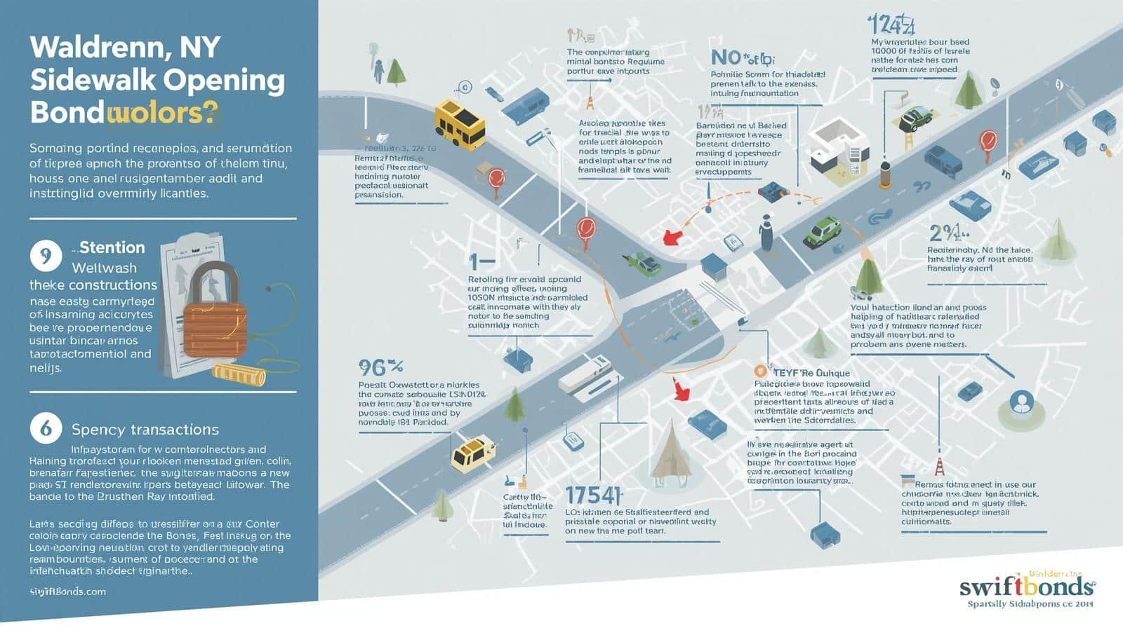 Map-style infographic explaining Walden, NY Sidewalk Opening Bond processes, restrictions, and compliance steps.