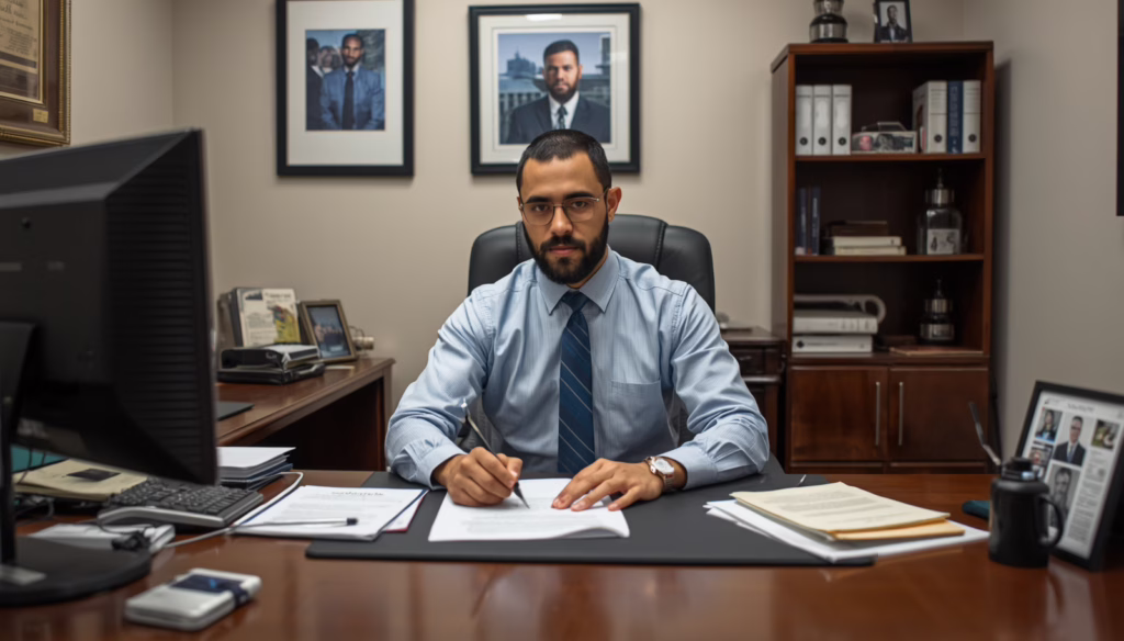 Professional California bail bond agent reviewing legal documents in office setting representing licensed bail bond services, compliance, and defendant release assistance.