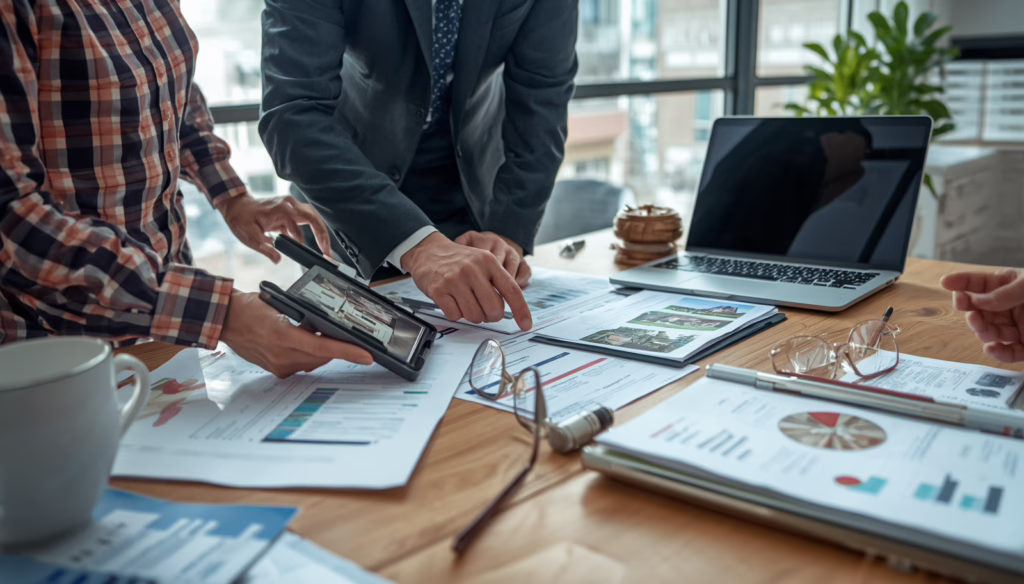Colorado Appraisal Management Company bond review meeting with professionals analyzing appraisal compliance documents and regulatory reporting requirements.