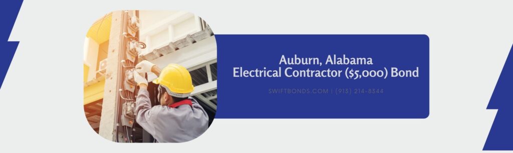 Auburn, AL-Electrical Contractor ($5,000) Bond - Electrician in a gray uniform wears gloves and a helment installing a power meter on an electricity pole.