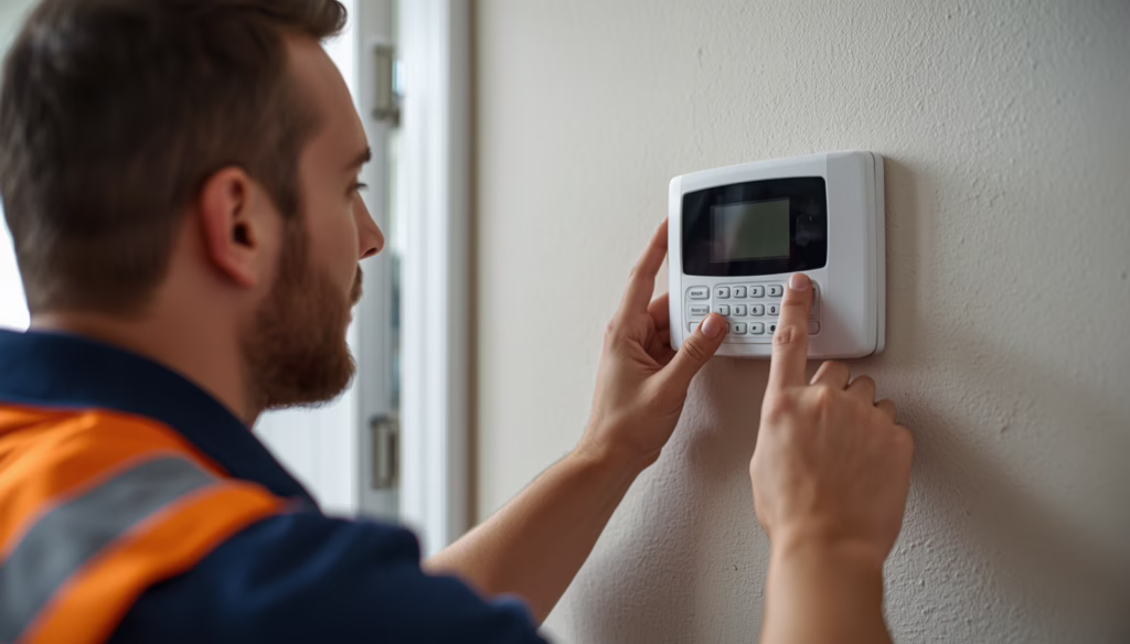 Experienced alarm technician programming an indoor security keypad in Boise, Idaho, emphasizing professional and bonded alarm installation practices.
