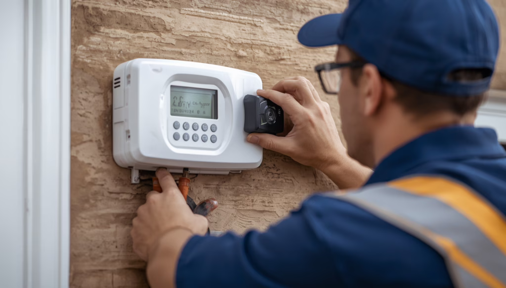 Professional security contractor configuring an alarm control panel in Boise, Idaho, showcasing bonded security alarm installation services and regulatory compliance.