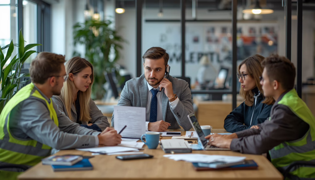 Project managers and trucking service brokers reviewing transportation agreements and surety bond documentation in a modern California office
