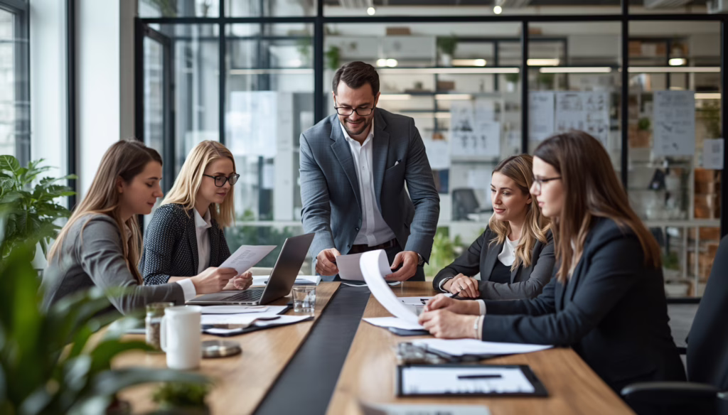 Business professionals discussing California Discount Buying Organization Bond obligations, financial accountability, and consumer discount program compliance during a corporate meeting.