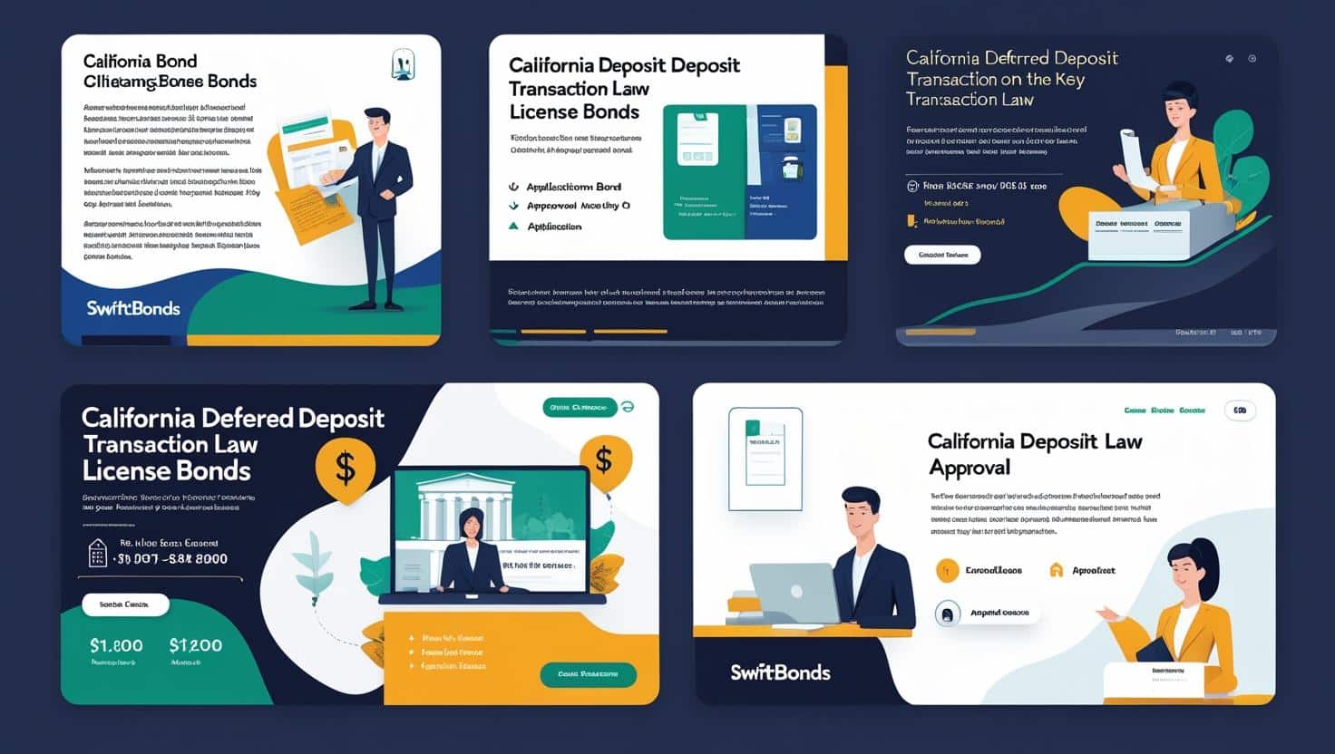 Visual guide on California Deferred Deposit Transaction Law License Bonds with cost breakdown and approval steps.