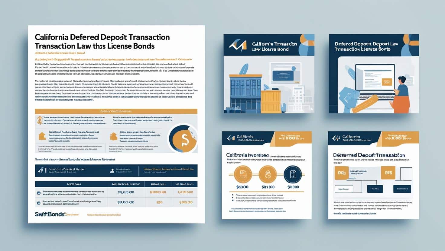 Detailed infographic outlining California Deferred Deposit Transaction Law License Bond features, eligibility, and fees.