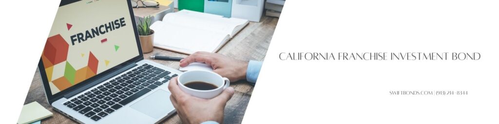 California Franchise Investment Bond - A franchise word can be seen on a laptop screen with a guy holding a mouse and a coffee.