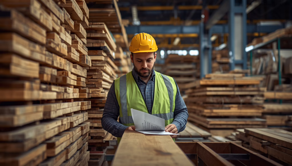 Contractor inspecting wood materials and compliance documents for California Lumber Liquidators Inc Installation Provider Bond approval