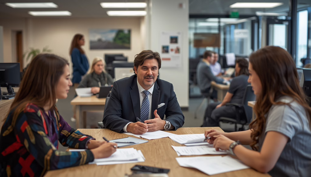 California Voluntary Unemployment Plan Guarantee Bond consultation featuring employers and compliance specialists discussing unemployment benefit guarantee requirements and bonding solutions.
