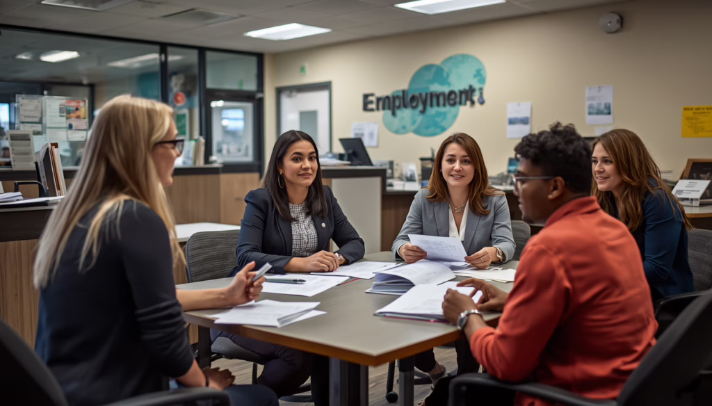 Business professionals reviewing California Voluntary Unemployment Plan Guarantee Bond documents during an unemployment services consultation for voluntary unemployment insurance compliance.
