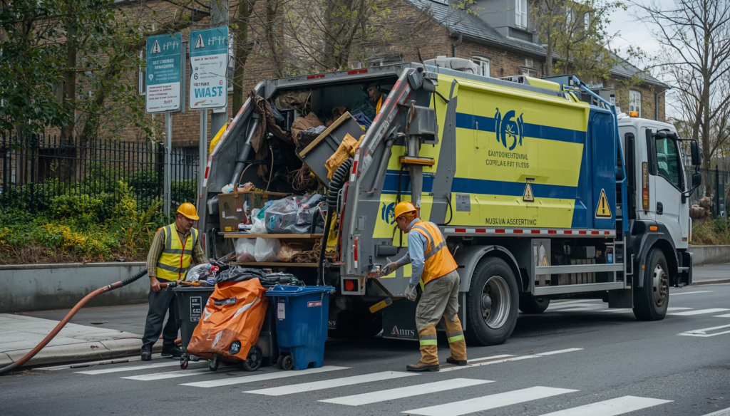 California Waste Collectors Performance Bond sanitation crew operating waste collection vehicle during residential garbage pickup and disposal services