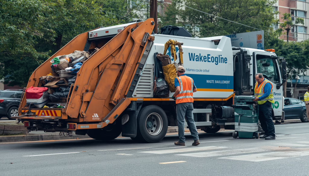 California Waste Collectors Performance Bond commercial waste hauling truck collecting municipal trash and recycling containers in urban neighborhood