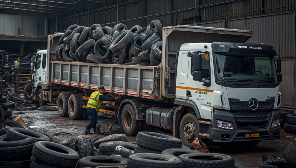 California waste tire hauling facility with industrial truck loading used tires under state waste tire hauler bond compliance requirements.