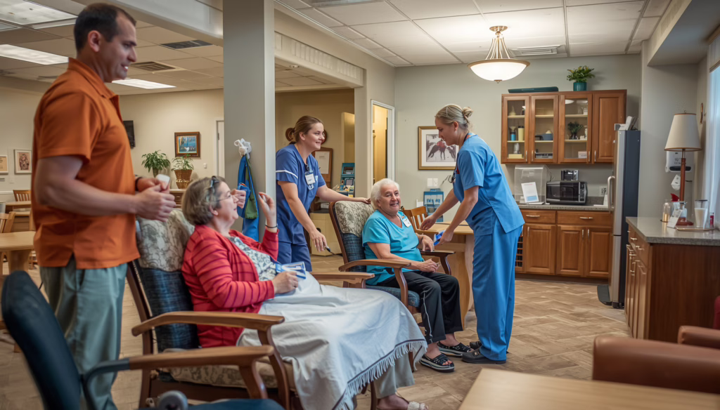 Senior care facility staff assisting residents in a comfortable California care home environment for California Care Facility Bond compliance content