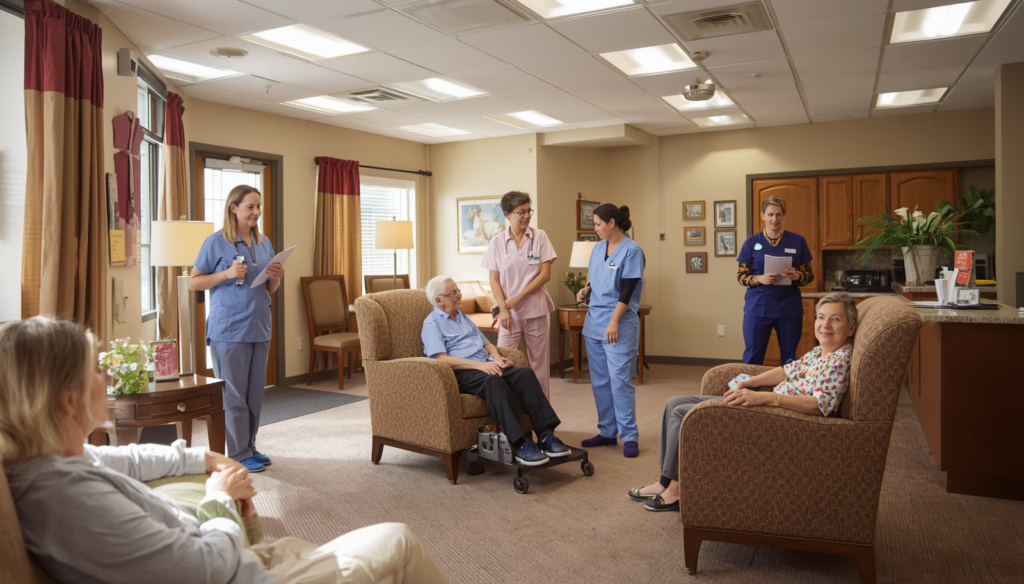 Healthcare professionals providing compassionate support to elderly residents inside a licensed California residential care facility