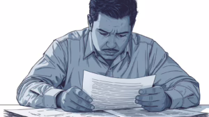 Contractor carefully reading bond documents and paperwork related to licensing and surety bond approval for plumbing work.