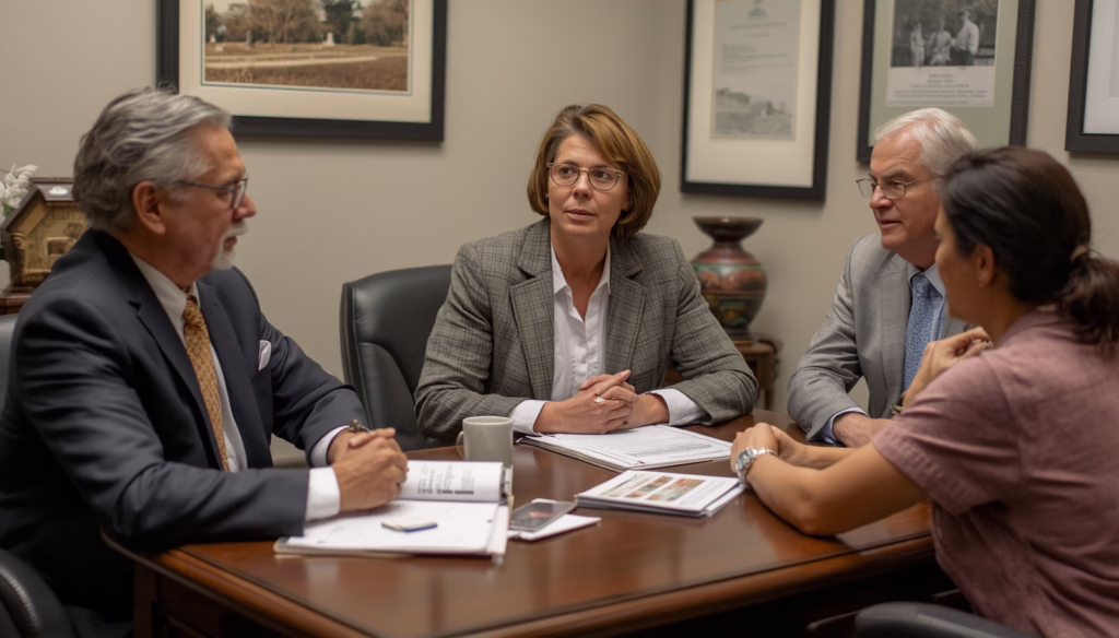 California cemetery broker consultation reviewing licensing documents and surety bond paperwork for cemetery business operations
