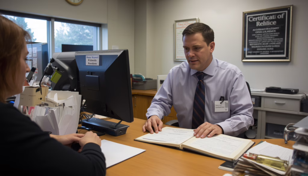 Colorado Certificate of Title Bond applicant submitting vehicle ownership documents and bonded title paperwork at a state licensing office.