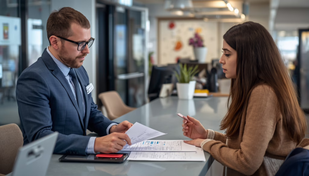 California Check Sellers, Bill Payers, and Proraters Bond consultation between financial service representative and customer reviewing payment service compliance documents.