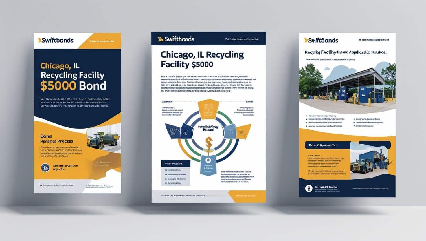 Promotional posters explaining Chicago, IL recycling facility 00 bond process with diagrams and application guidelines.