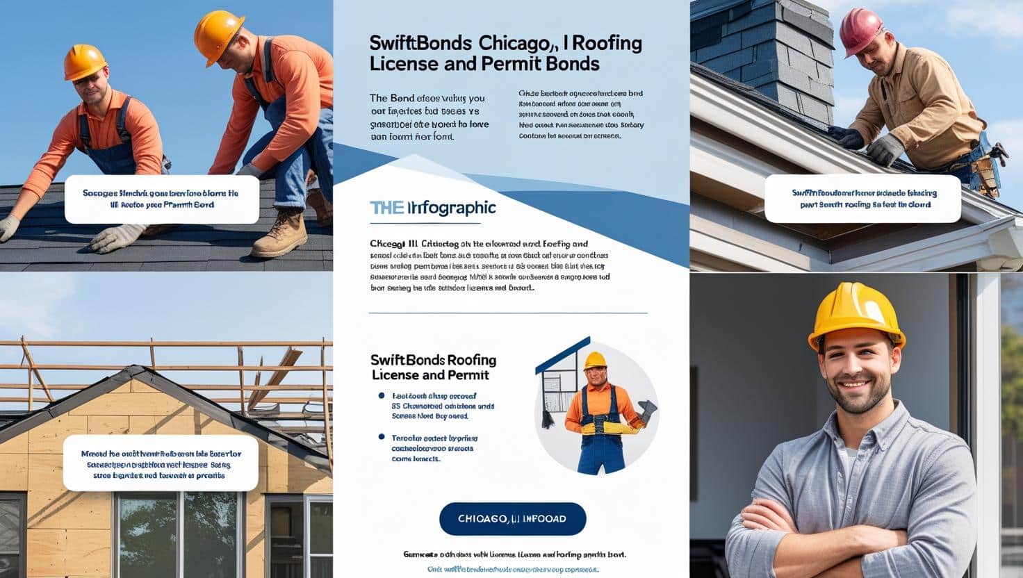 Collage of roofing contractors at work alongside informational text on Chicago roofing license and permit bonds.