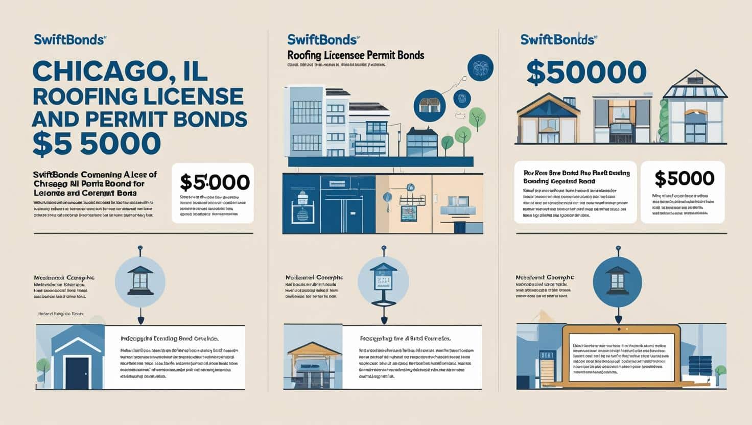 Infographic illustrating Chicago, IL roofing license and permit bond requirements with ,000 coverage details.