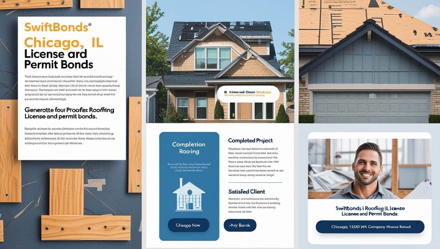 Visual guide showing benefits and process of obtaining Chicago, IL roofing license and permit bonds.