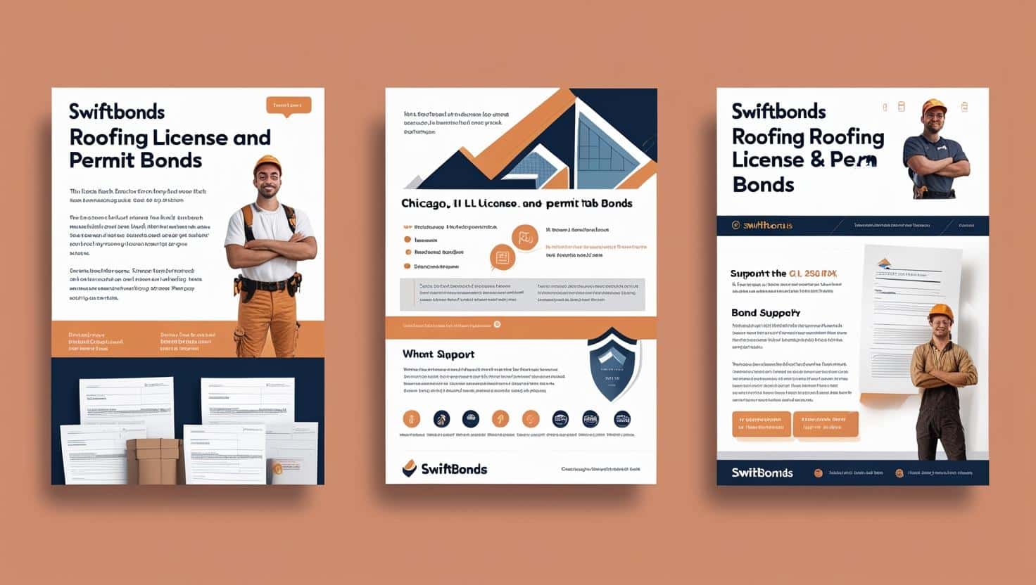 Promotional layout highlighting SwiftBonds roofing license and permit bonds with contractor imagery and application steps.