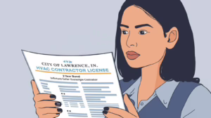 Contractor reading City of Lawrence, IN HVAC Contractor License Bond paperwork for 2-year licensing compliance.