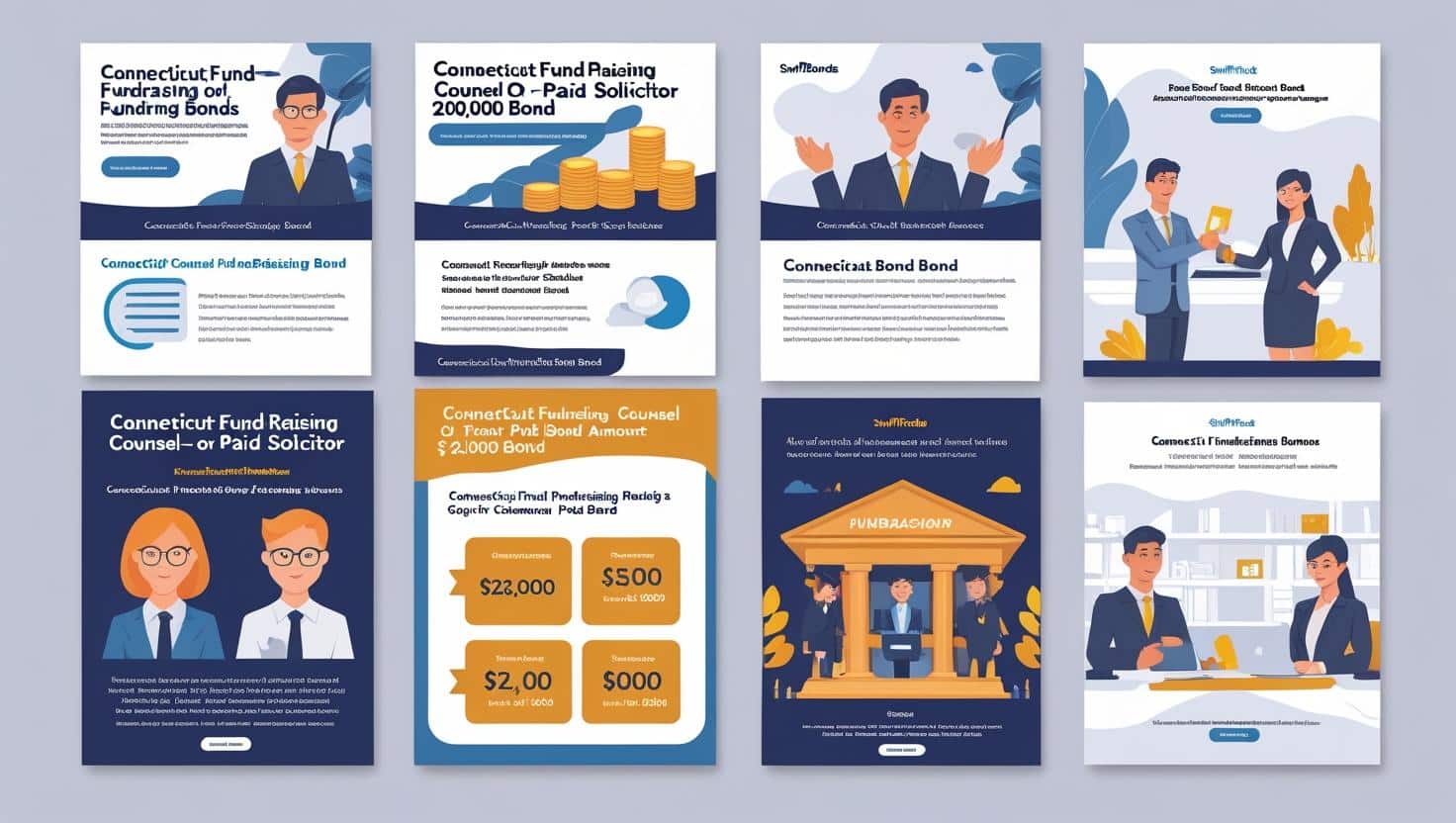 Eight illustrated tiles about Connecticut fundraising counsel or paid solicitor bonds, featuring professionals, donation graphics, bond amounts, and a courthouse fundraising scene.