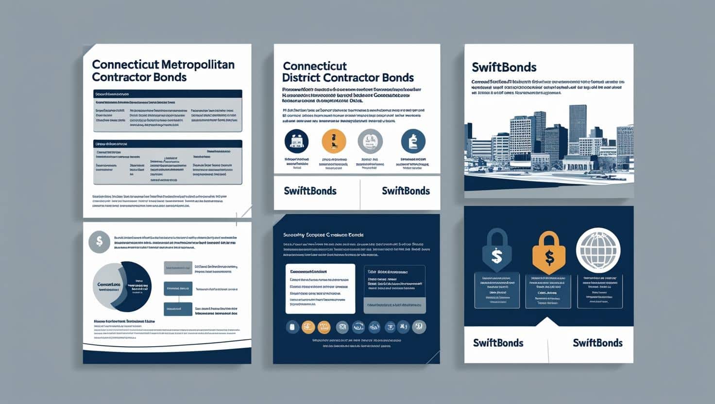 Clean corporate infographics for Connecticut Metropolitan District contractor bonds featuring comparison tables, pie and bar charts, a city skyline, and lock/globe security icons.