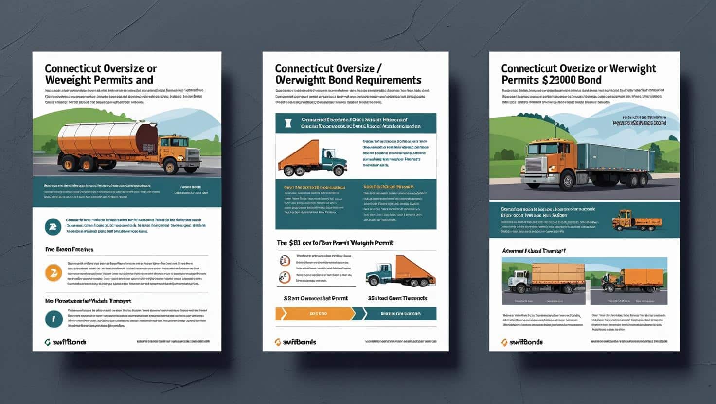 Set of illustrated posters explaining Connecticut oversize/overweight bond requirements and 00 bond details, featuring trucks in various transport scenarios.