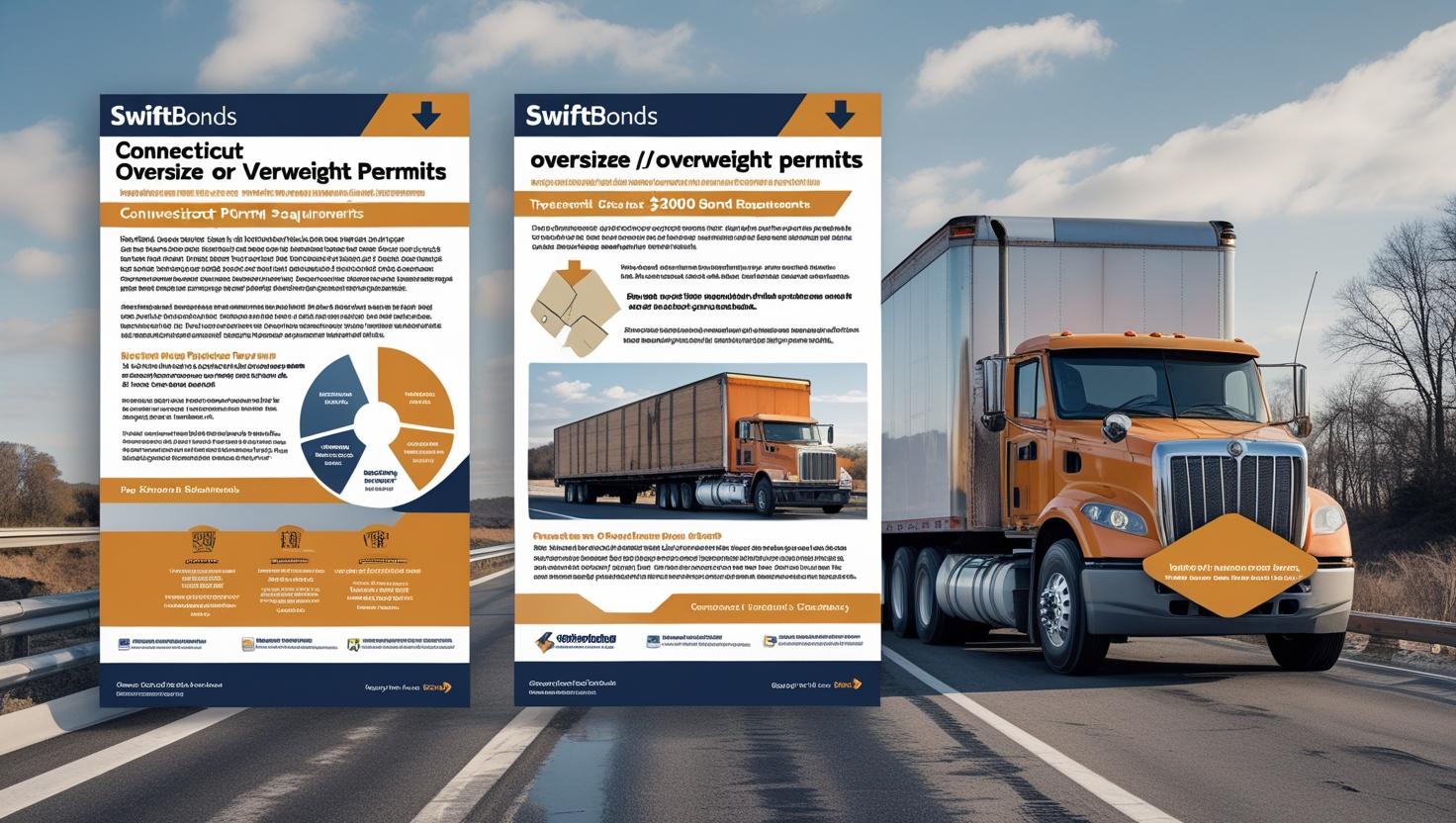 Swiftbonds informational posters outlining Connecticut oversize and overweight permit guidelines with diagrams and an orange truck on a highway bridge.