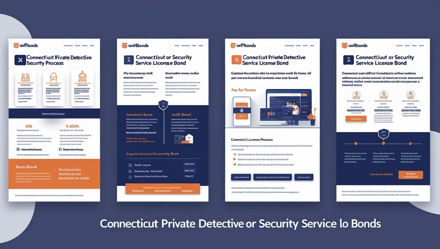 Infographic showcasing Connecticut Private Detective or Security Service License Bond process and requirements by Swiftbonds.