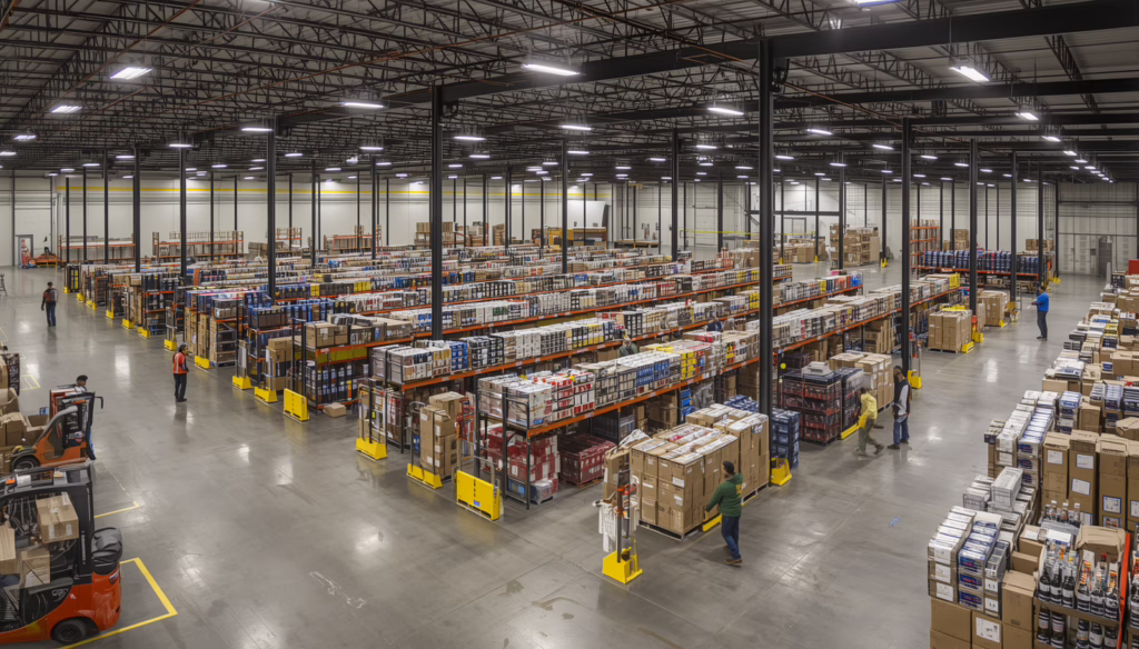 Modern Connecticut alcoholic beverage distribution warehouse with forklift transporting inventory for OR-131 bond compliance and licensed beverage storage operations.