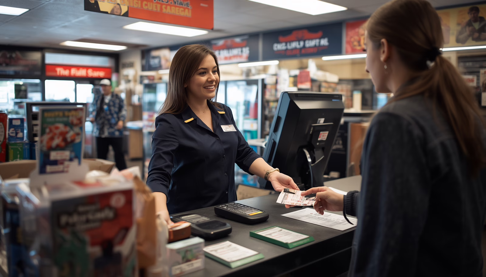 Retail lottery counter in Connecticut highlighting financial accountability and consumer protection under the Lottery Sales Agent Bond.