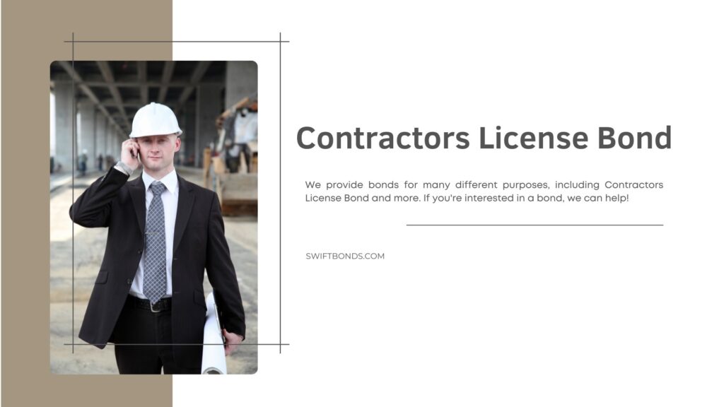 Contractors License Bond - Contractor wearing white hard hat and talking to his phone, behind him is a commercial building being constructed.
