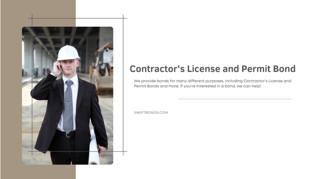 Contractor’s License and Permit Bond - Contractor wearing white hard hat and talking to his phone, behind him is a commercial building being constructed.