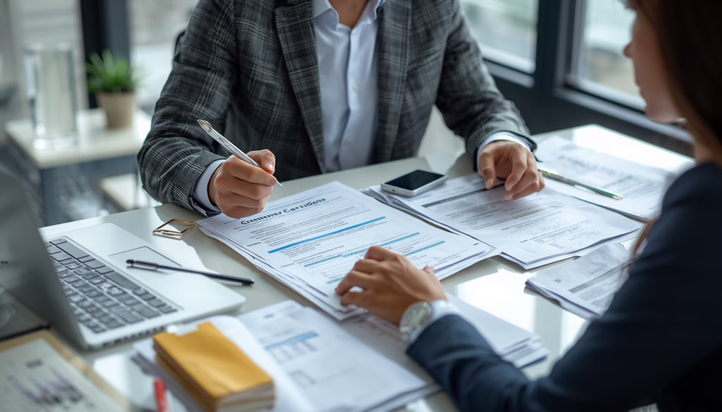 Colorado Credit Services Organization $10,000 Bond compliance review featuring business professionals examining credit service agreements and licensing paperwork.